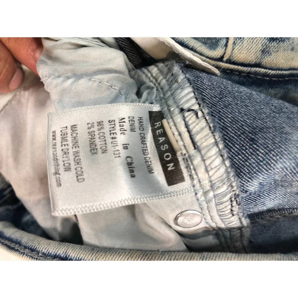 Reason Brand Mens Moto Biker Jeans Acid Wash Blue Distressed Slim Straight 38x30
